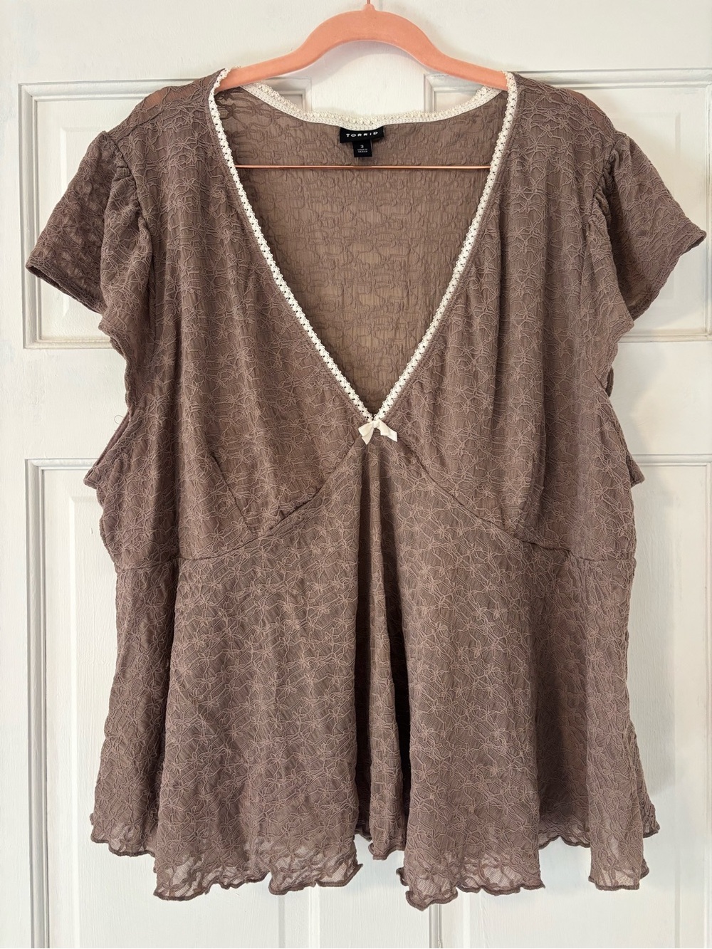 torrid Taupe Lace-Texture V-Neck Blouse with Cream Trim